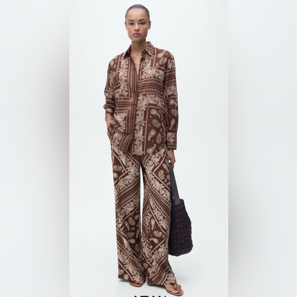 Mango Brown Paisley Women's Top & Wide leg pants Matching Ser